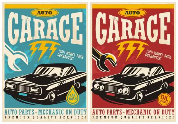 Vector illustration of Car service and garage retro posters collection