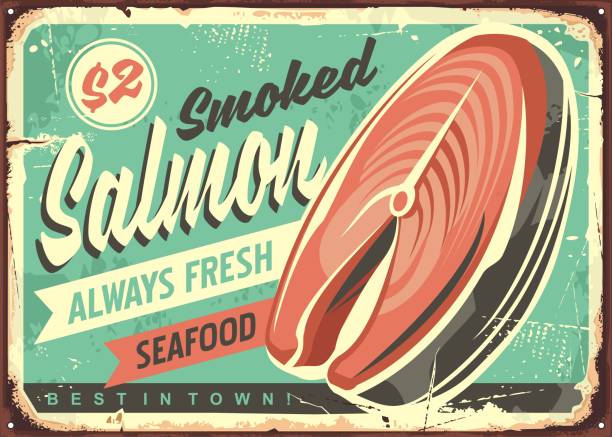 ilustraciones, imágenes clip art, dibujos animados e iconos de stock de pescado salmón ahumado vector diseño muestra de la lata - smoked salmon illustrations