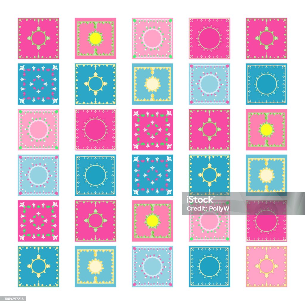 Authentic tiles set Authentic tiles set pink, light blue, turquoise and orange colors with nature flowers ornate, Greece motive decoration for web and print Pattern stock vector