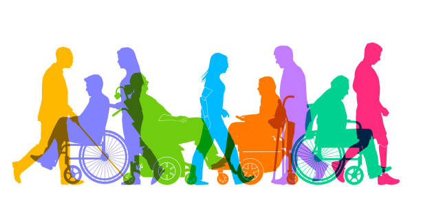 ilustraciones, imágenes clip art, dibujos animados e iconos de stock de grupo de personas con diferentes discapacidades - disabled adult