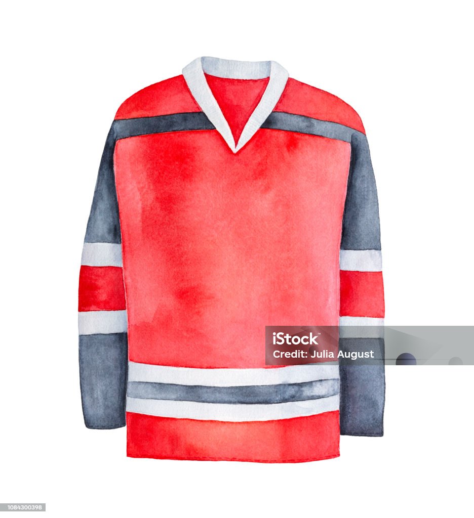 Hockey jersey illustration. One single object. Can be used as creative mock up to place your text or message. Hand drawn watercolour graphic painting, cutout element for design, decoration, prints. Sports Jersey stock illustration