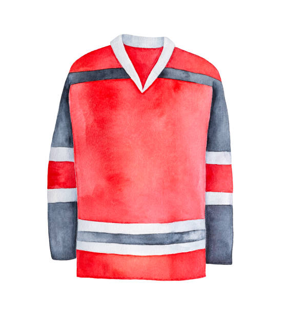 Hockey jersey illustration. One single object. Can be used as creative mock up to place your text or message. Hand drawn watercolour graphic painting, cutout element for design, decoration, prints. red hockey jersey stock illustrations