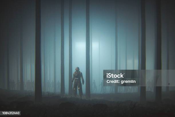 Futuristic Apocalypse Soldier With Zombie Army Stock Photo - Download Image Now - Video Game, Forest, Dark