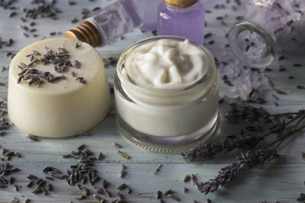 istock Facial homemade cream and lavender soap 1084328958