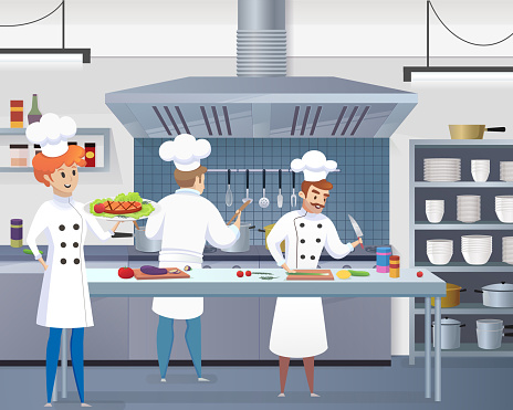 Culinary Concept Illustration Restaurant Business. Vector Illustration Cartoon Cook Holding Ready Dish in his Hand against Background Kitchen Workplace. Chef Working Preparation Restaurant Menu Dishes
