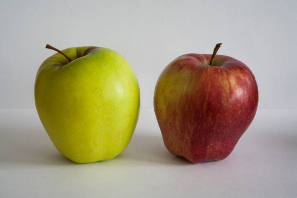 istock Green apple opposite red apple are on the gray background. 1084339294