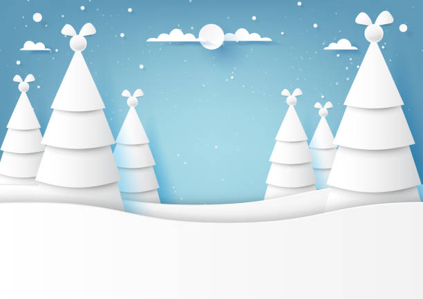 istock Origami christmas trees and blue sky on winter season landscape background 1084342248