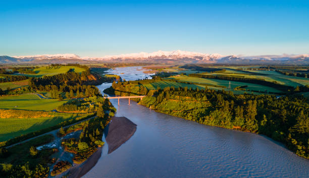 Sunrise over Waimakariri River, South Island, New Zealand.