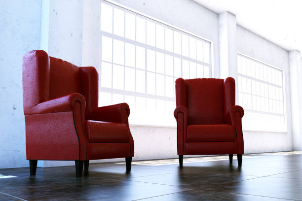 istock Two red chairs in the large room. 3D illustration. 1084347352