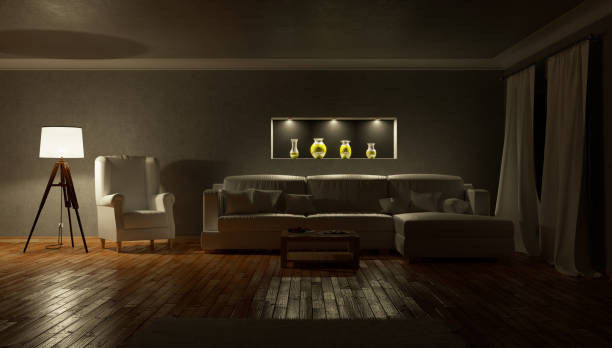 istock Living room at night. 3d illustration 1084349300