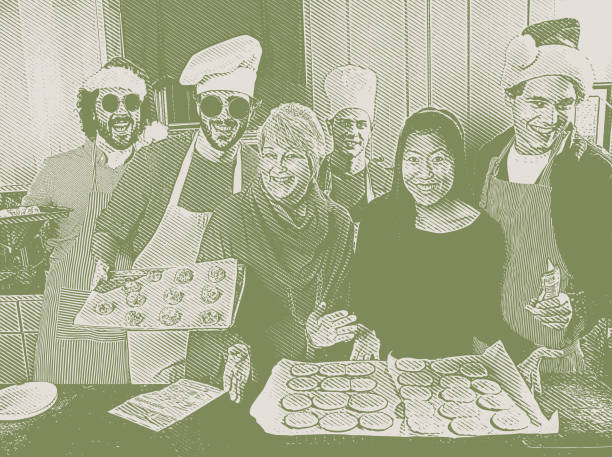 Group of friends baking Christmas cookies Engraving illustration of a Group of friends baking Christmas cookies diverse family christmas stock illustrations