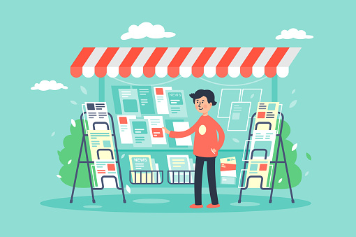 Flat young man newsagent in newsstand sells newspapers. Concept market, sale of magazines. Vector illustration.