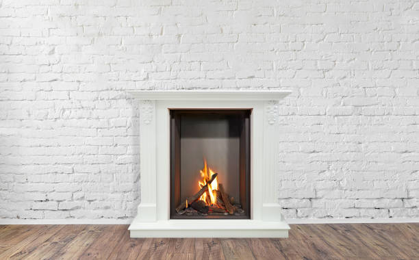 istock Burning classic fireplace of white marble. Empty living room on background 1084372210