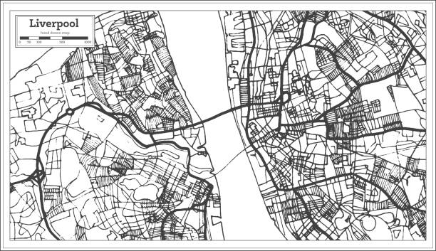 레트로 스타일에서 리버풀 영국 도시 지도입니다. 개요 지도입니다. - liverpool stock illustrations
