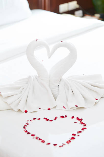 Swans made of towels on bed at hotel