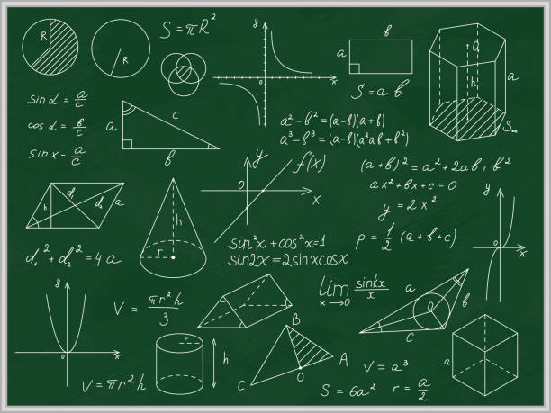 ilustraciones, imágenes clip art, dibujos animados e iconos de stock de matemática con las inscripciones y formas de la delgada línea verde pizarra. vector de - mathematics mathematical symbol blackboard formula