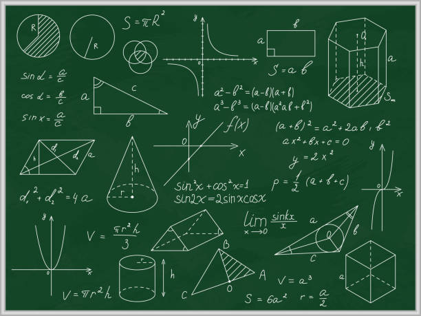 illustrazioni stock, clip art, cartoni animati e icone di tendenza di lavagna verde matematica con forme e iscrizioni a linea sottile. vettore - geometry mathematics mathematical symbol triangle