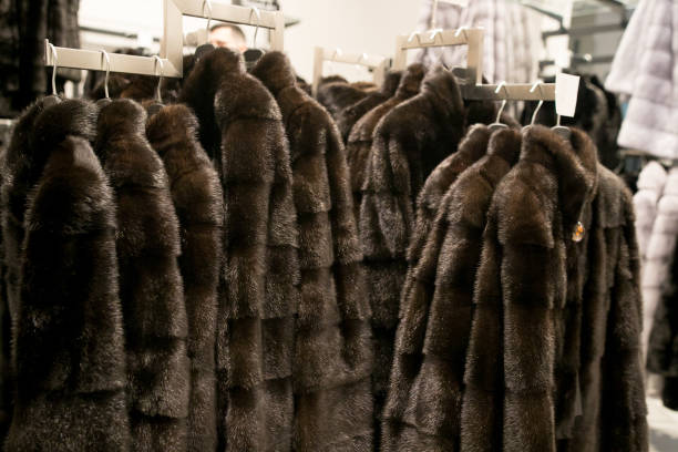istock Luxury fur coats hanging on rack 1084386256