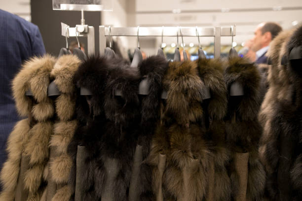 istock Luxury fur coats hanging on rack 1084386366