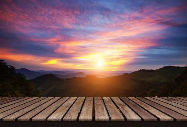 istock Wood display shelf on  sunset view 1084386628