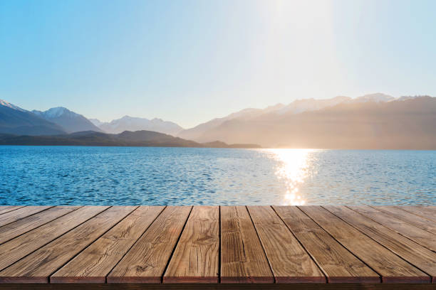 istock Wood display shelf on sea view 1084386632