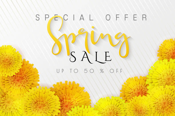 istock Vector illustration of spring promotion banner template with hand lettering label - spring - with realictic yeallow dandelion flowers 1084388144