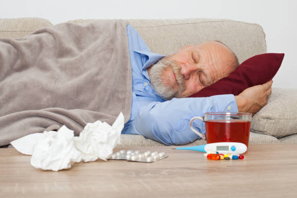 sick elderly man - painkiller thermometer tea prescription medicine imagens e fotografias de stock