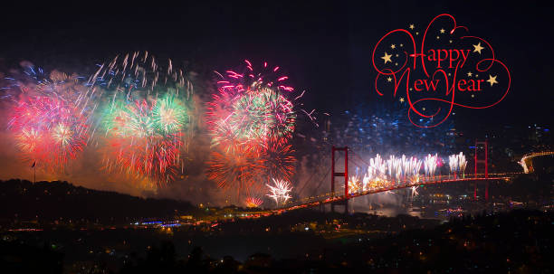 istock Happy new year fireworks and city 1084390444