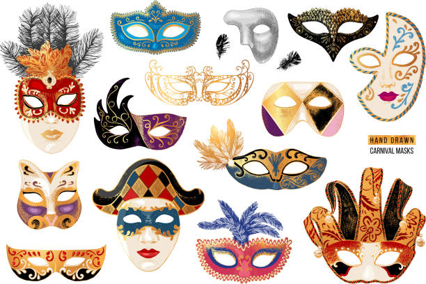 Hand Drawn Venetian Carnival Masks Collection Stock Illustration