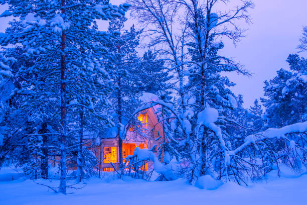 cabaña en el bosque de invierno finlandés - cabin snow finland lapland fotografías e imágenes de stock