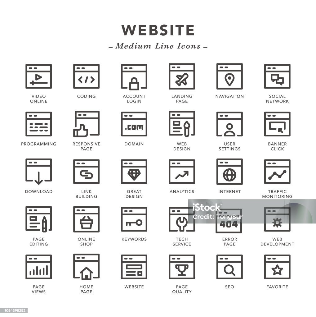 Website - Medium Line Icons Website - Medium Line Icons - Vector EPS 10 File, Pixel Perfect 30 Icons. Icon Symbol stock vector