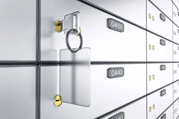 Photo of 3D deposit boxes with key. Safe lockers