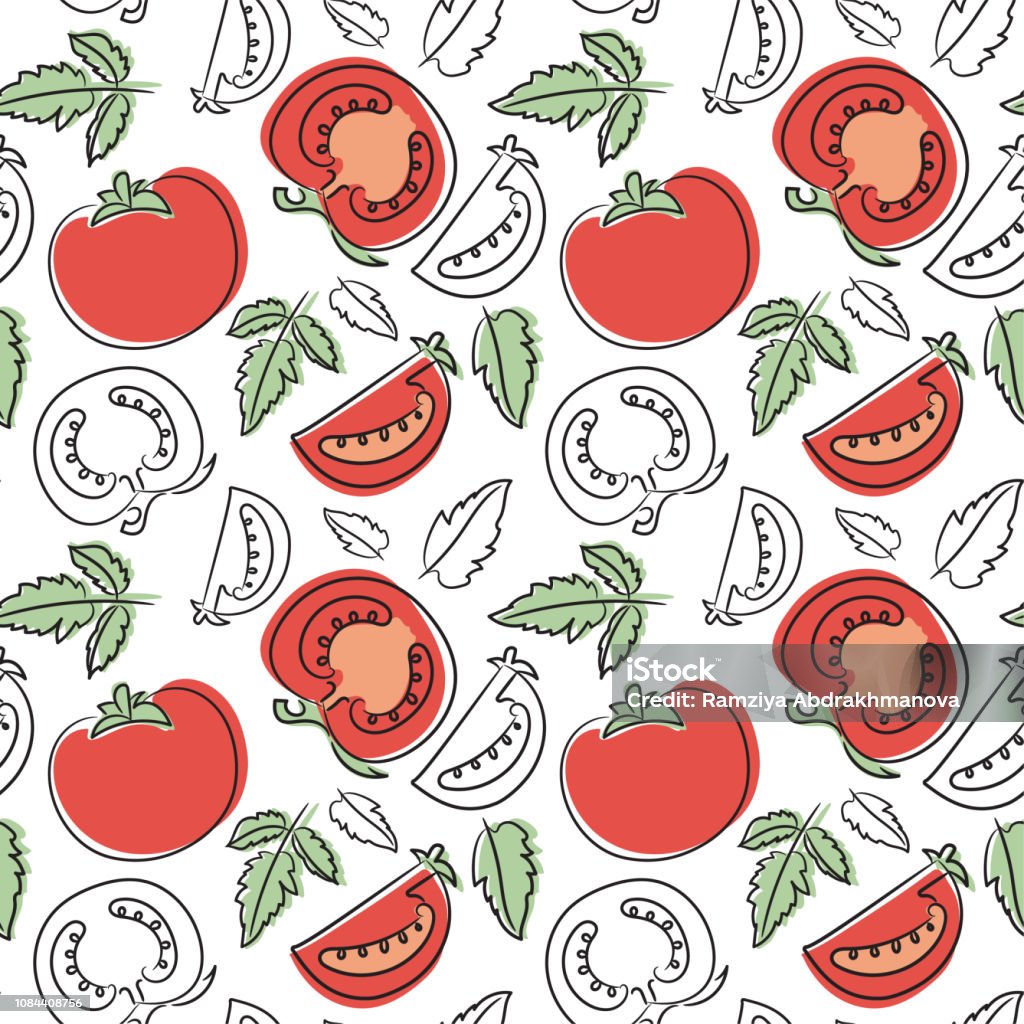 Tomato seamless pattern. Hand drawn fresh vegetables. Vector sketch background. Doodle wallpaper. Red and green print Tomato stock vector