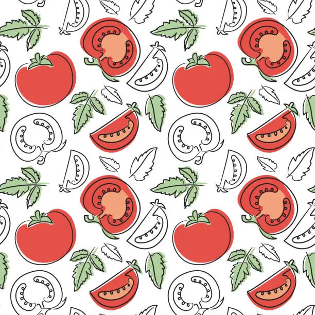 Vector illustration of Tomato seamless pattern. Hand drawn fresh vegetables. Vector sketch background. Doodle wallpaper. Red and green print