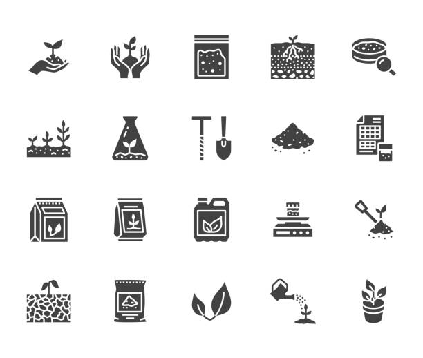 Soil testing flat glyph icons set. Agriculture, planting vector illustrations, hands holding ground with spring, plant fertilizer. Signs for agrology survey. Solid silhouette pixel perfect 64x64 Soil testing flat glyph icons set. Agriculture, planting vector illustrations, hands holding ground with spring, plant fertilizer. Signs for agrology survey. Solid silhouette pixel perfect 64x64. fertilizer icon stock illustrations