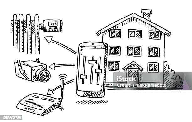 Smart Home Concept Heating Surveillance Wifi Drawing Stock Illustration - Download Image Now