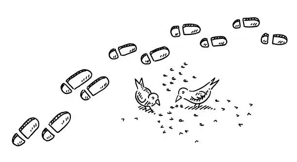 Vector illustration of Footprints In Snow Birds Picking Grain Drawing
