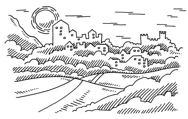 Vector illustration of Landscape Historic Town Castle Drawing