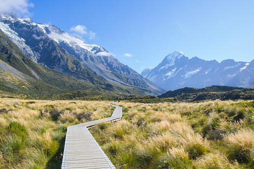 Footpath trail section in Hooker Valley on a track leading to Aoraki, Mount Cook, highest peak of Southern Alps, New Zealand