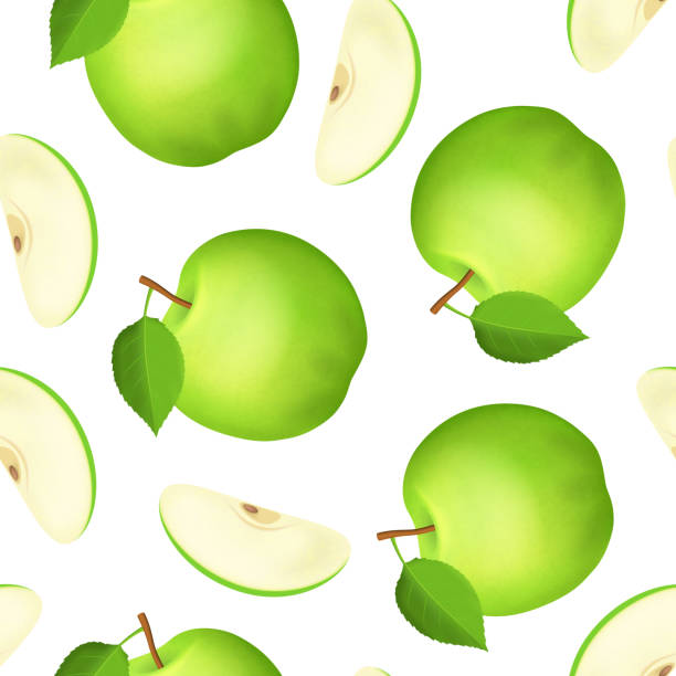 Realistic Detailed 3d Whole Green Apple and Slice Seamless Pattern Background. Vector Realistic Detailed 3d Whole Green Apple and Slice Seamless Pattern Backgroundon a White Element of Organic Natural Juice. Vector illustration of Tasty Fruit green apple slices stock illustrations