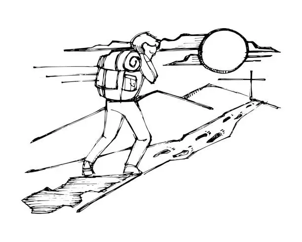 Vector illustration of Man with backpack following Jesus steps