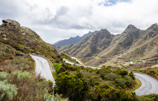 Mountain serpentine. The road is mountainous. The way from Anaga valley to Santa Cruz de Tenerife stock photo