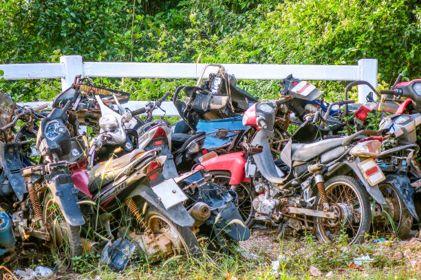 Wrecked motorcycles in the junkyard