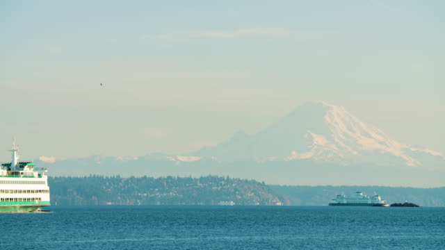 Ferry on Puget Sound Mount Rainier Background Pacific Northwest Washington State Establishing Shot