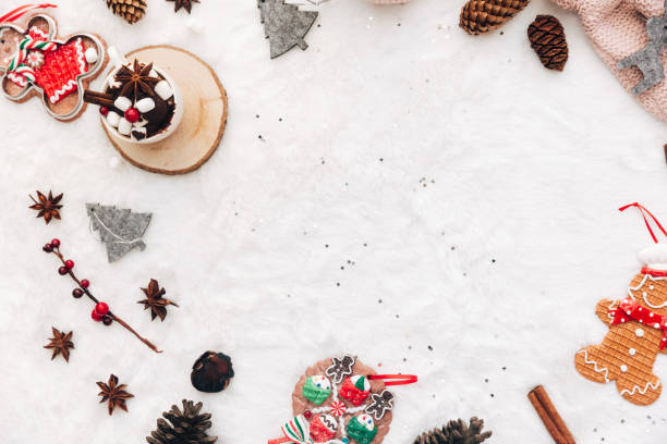 istock Christmas composition with decorations. Flat lay on white cozy background, copy space 1084437230