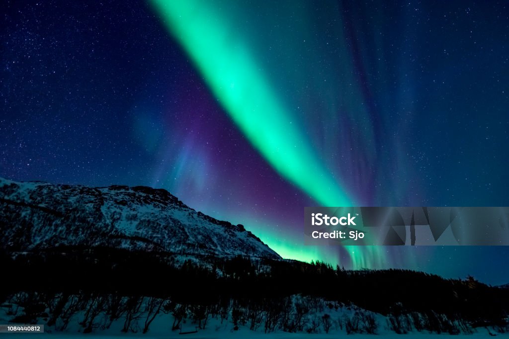 Foto de Aurora Boreal Ou Aurora Boreal Nas Ilhas Lofoten Noruega Luzes  Polares Em Um Céu Estrelado Sobre Uma Paisagem De Inverno Nevado e mais  fotos de stock de Países Nórdicos 