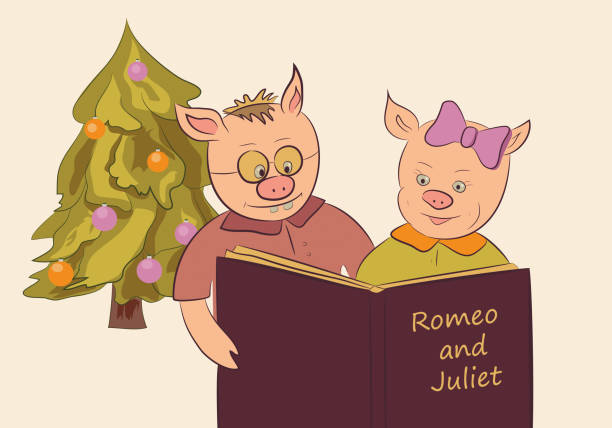 Two young pigs (boy, girl) read a book (the play of Shakespeare Romeo and Juliet). Oriental symbol of New Year, Christmas tree with toys. Vector illustration for children's library. Two young pigs (boy, girl) read a book (the play of Shakespeare Romeo and Juliet. Oriental symbol of New Year, Christmas tree with toys. Vector illustration for children's library. oriental spruce stock illustrations