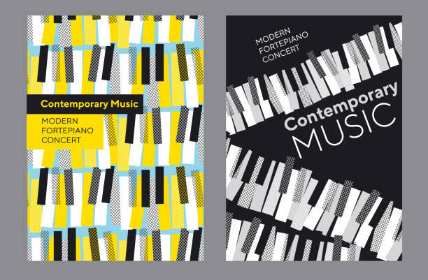 Bright poster set for piano music concert, Bright poster set for music concert, Classic piano keyboard in geometric mosaic style. Elegant urban modern design element for music and dance projects, cover, poster, invitation. abstract musical instrument stock illustrations