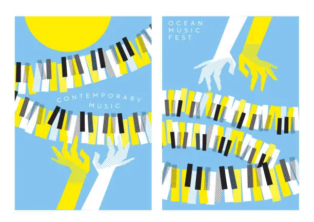 Vector illustration of hands and piano keys over blue sky and yellow sun