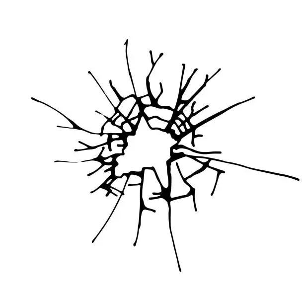 Vector illustration of Broken glass, cracks, bullet marks on glass.